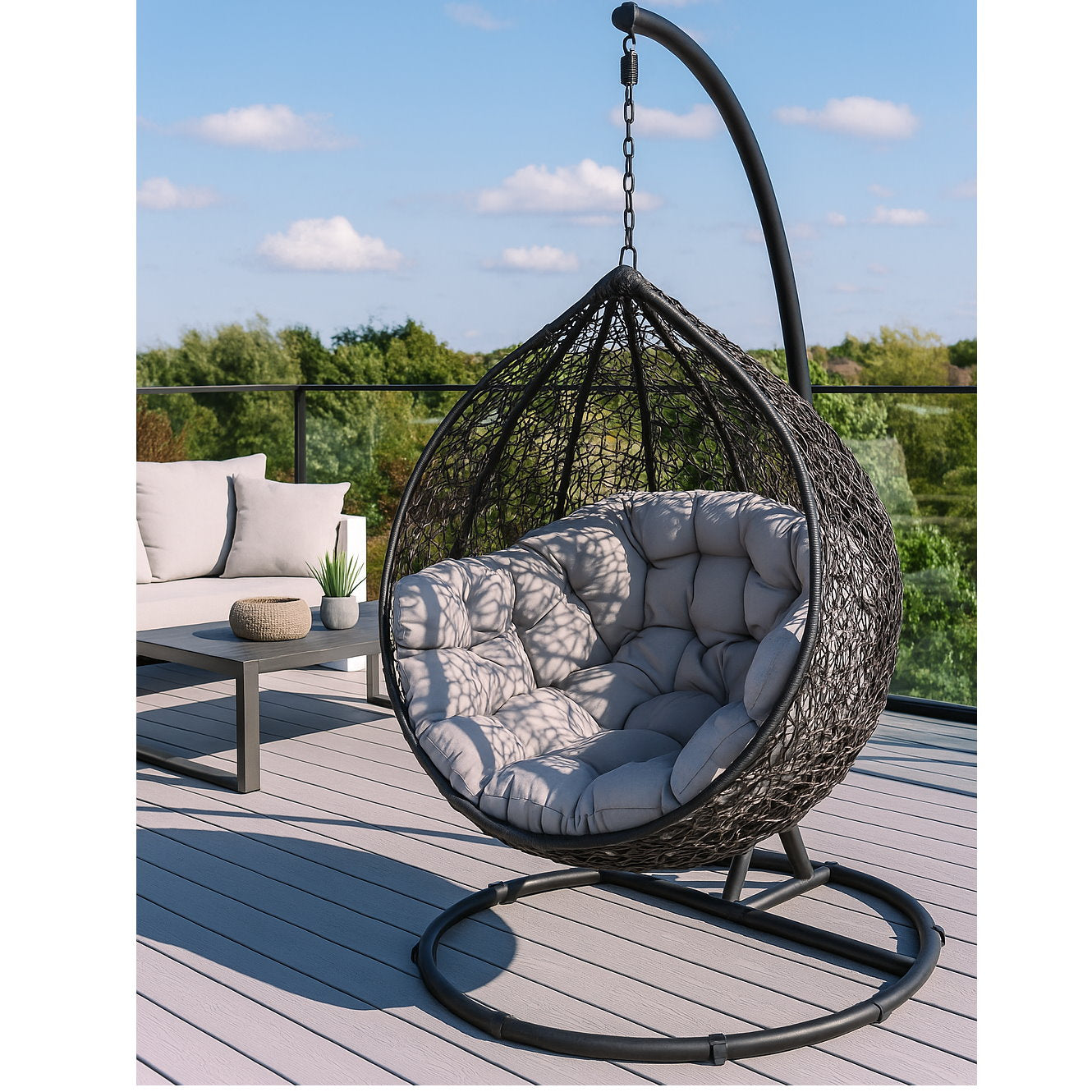 Korb Hängesessel mit Gestell + Kissen Hängestuhl Lounge Hängekorb Schaukel Sessel