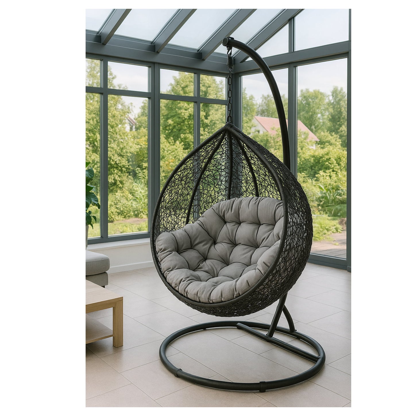 Korb Hängesessel mit Gestell + Kissen Hängestuhl Lounge Hängekorb Schaukel Sessel