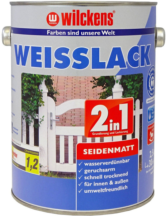 Wilckens 2,5L 2in1 Weisslack seidenmatt Weiß Grundierung Farbe Lack innen außen