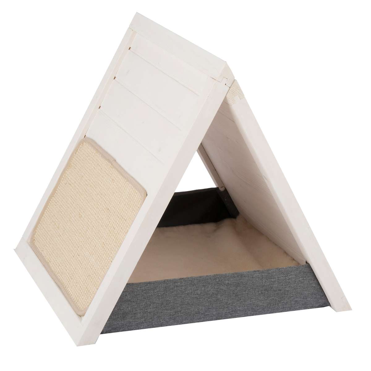 Katzenhaus Kleintierhaus Katzenhöhle Katzenbett Kissen indoor natur Holz weiß