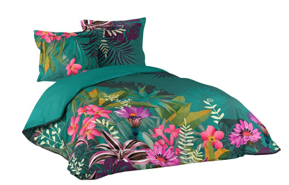 3tlg. Blumen Bettwäsche 240x220 Baumwolle Übergröße Bettdecke Kissen Bezüge grün