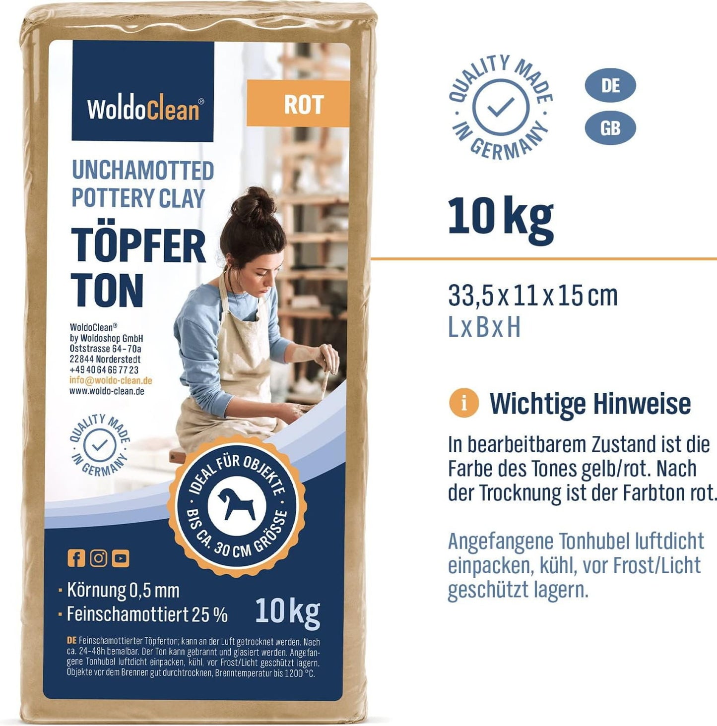 Töpferton 10kg rot lufttrocknend 0,5mm feinschamottiert 25% töpfern Ton Tonmasse