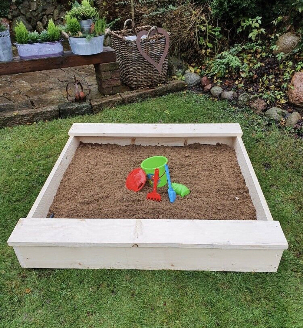 Sandkasten 130x130 cm Holz Natur mit Sitzbänken Sandbox Sandkiste Matschfach