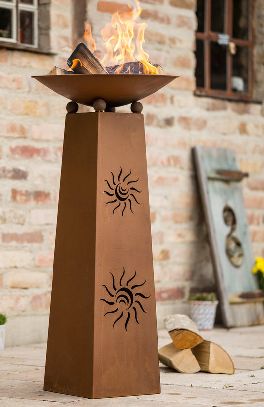 Motiv Metall Deko Säule Sonne mit Feuerschale Gartensäule Rostoptik Feuer Korb