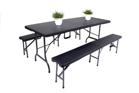3tlg. Gartentisch Set Sitzgruppe Bank Bänke Esstisch Tisch Rattan Optik schwarz