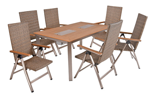 7tlg. Polyrattan Tischgruppe FLORENCE Garten Sitzgruppe Outdoor Hochlehner braun