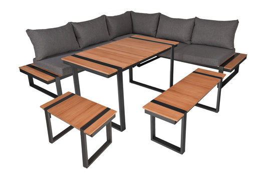 Lounge-Eckgruppe BELMIRA 6-tlg Garten Sitzgruppe Outdoor Braun Holz Metall Möbel