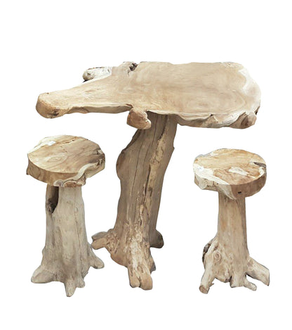 Teak Barset Tisch 2 x Hocker Garten Sitzgruppe Balkonset Wurzelteak Massivholz