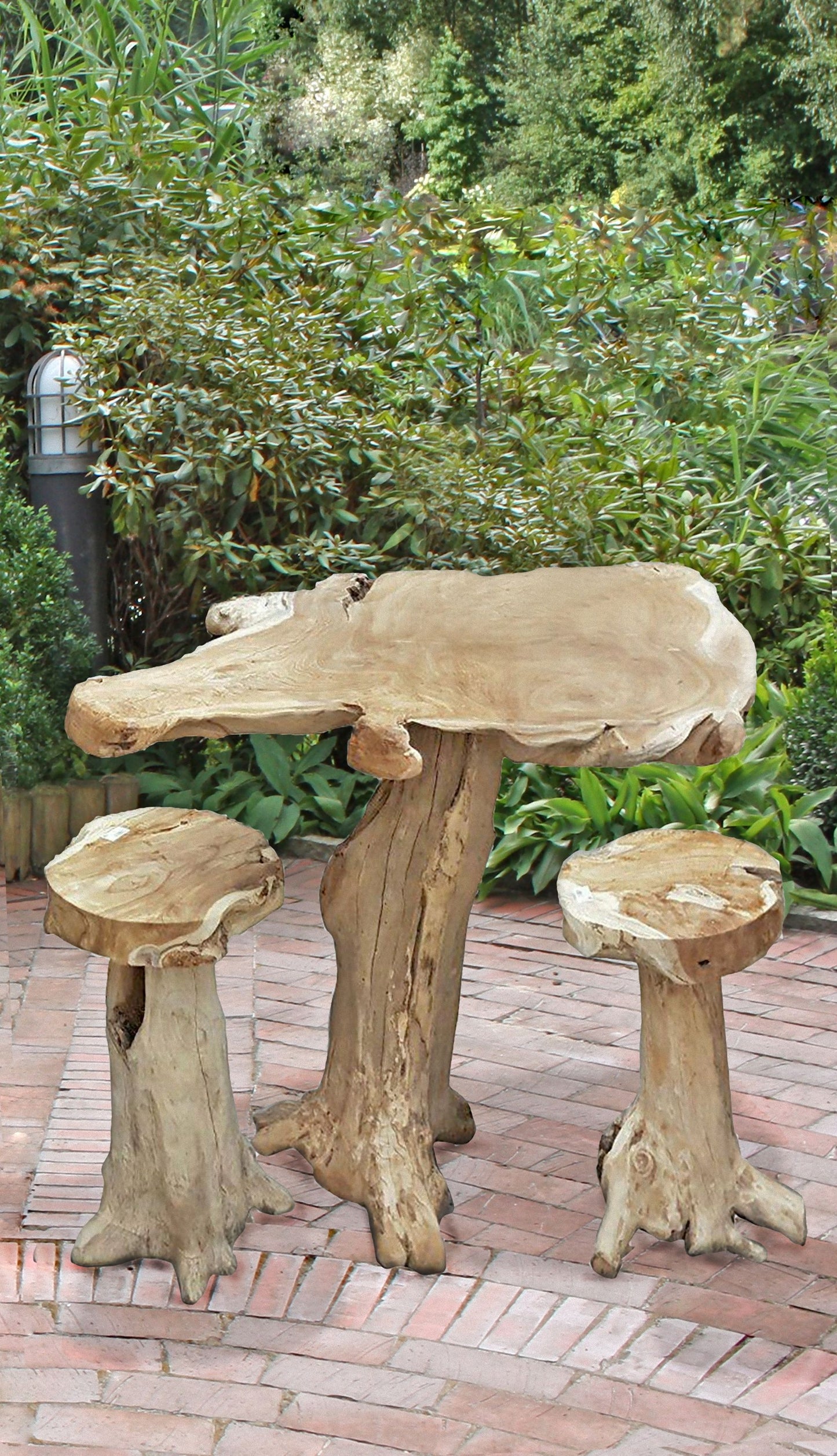 Teak Barset Tisch 2 x Hocker Garten Sitzgruppe Balkonset Wurzelteak Massivholz
