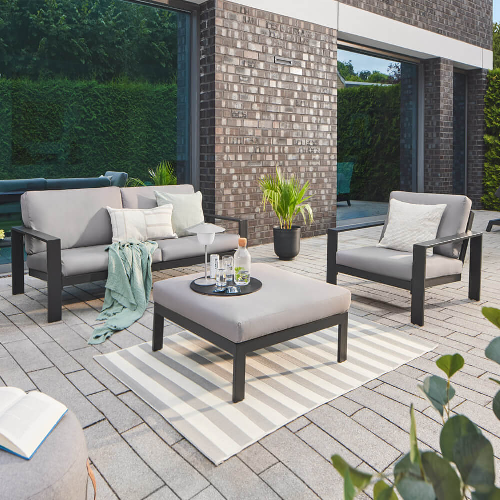 Sitzgruppe Elvo Gartensofa + Sessel + Hocker Garten Möbel Lounge Set grau