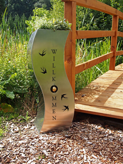 Edelstahl Pflanzsäule Schwalbe Pflanzschale Metall Garten Dekoration silber