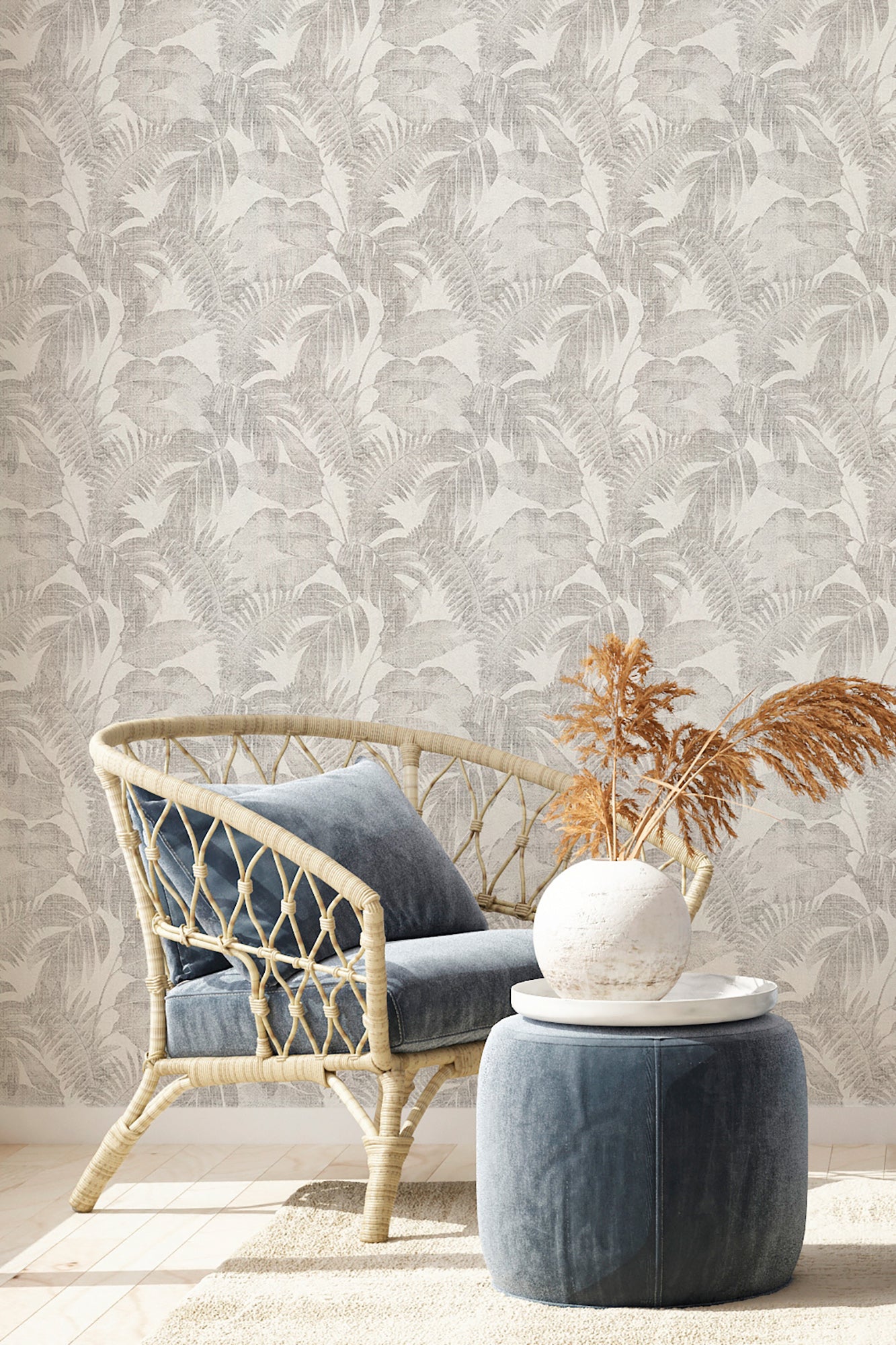 Livingwalls Dschungel Vinyl Tapete New Walls,Cosy & Rela Grau Palmen Wandtapete