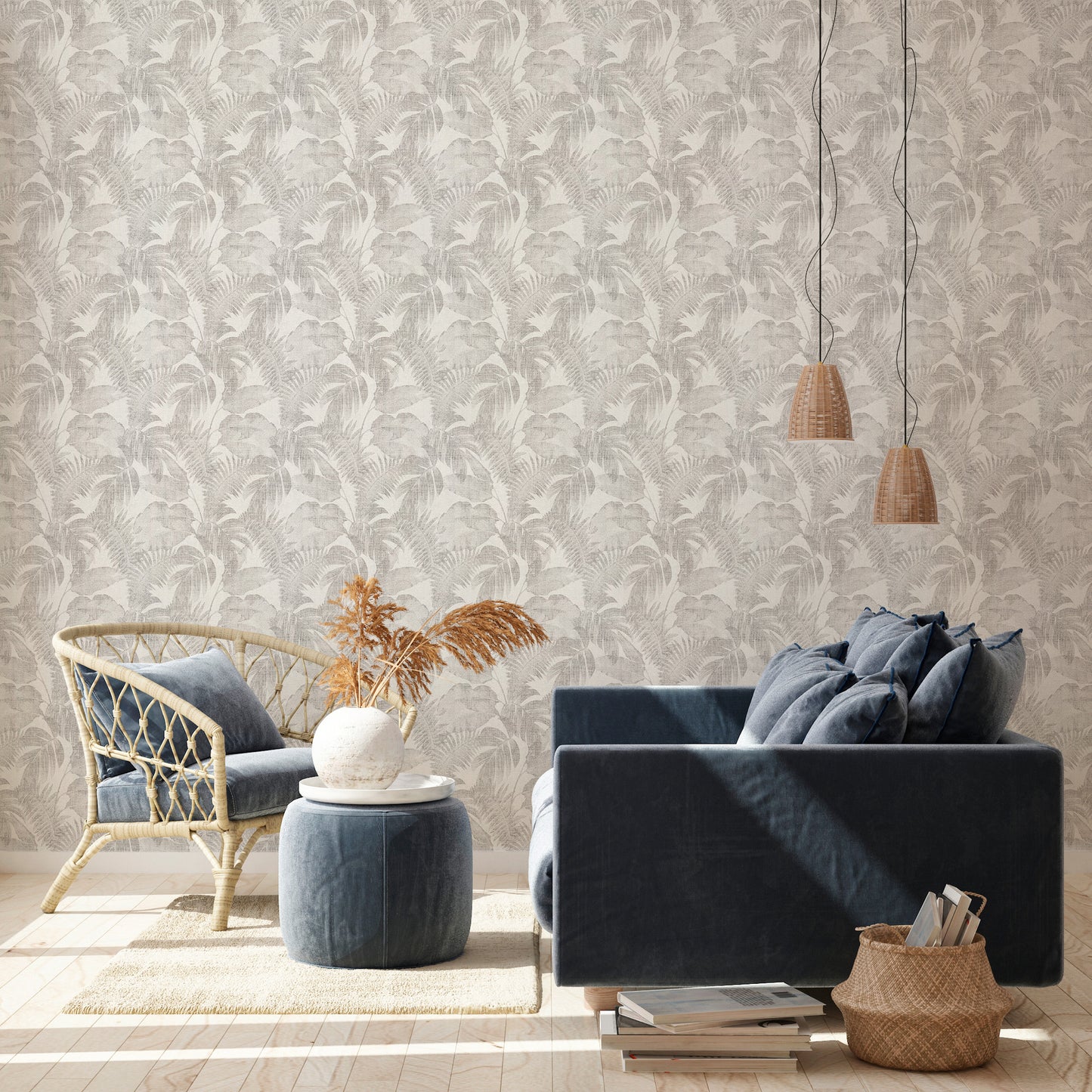 Livingwalls Dschungel Vinyl Tapete New Walls,Cosy & Rela Grau Palmen Wandtapete