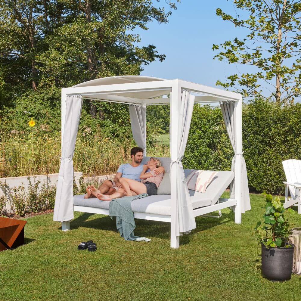 Pavillon Gartenliege Sonnenliege Relaxliege Lounge Sonnenbett Doppelliege weiss