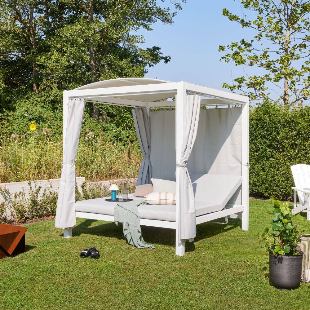 Pavillon Gartenliege Sonnenliege Relaxliege Lounge Sonnenbett Doppelliege weiss