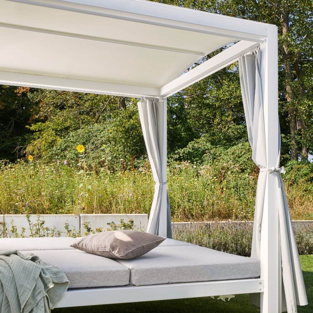 Pavillon Gartenliege Sonnenliege Relaxliege Lounge Sonnenbett Doppelliege weiss
