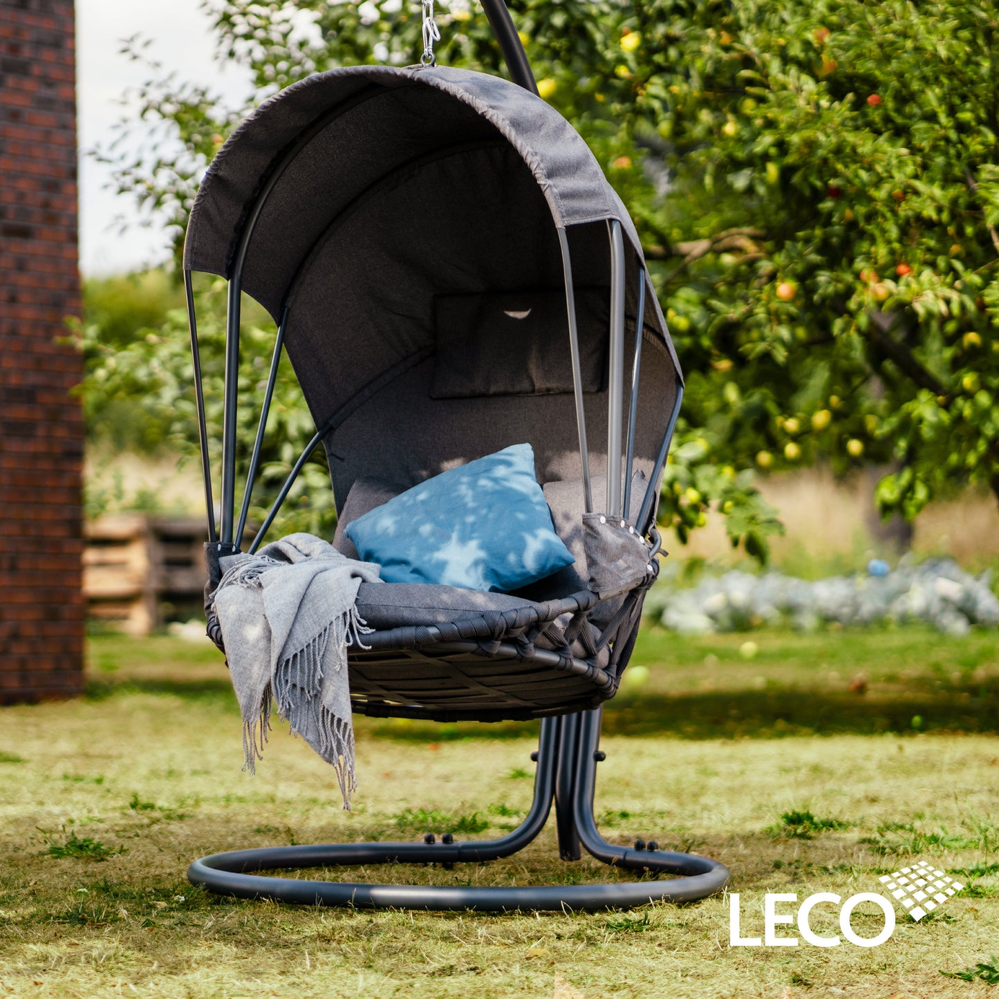 Leco Korb Hängesessel + Gestell + Kissen Hängestuhl Lounge Schaukel Sessel grau