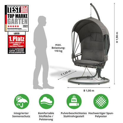 Leco Korb Hängesessel + Gestell + Kissen Hängestuhl Lounge Schaukel Sessel grau