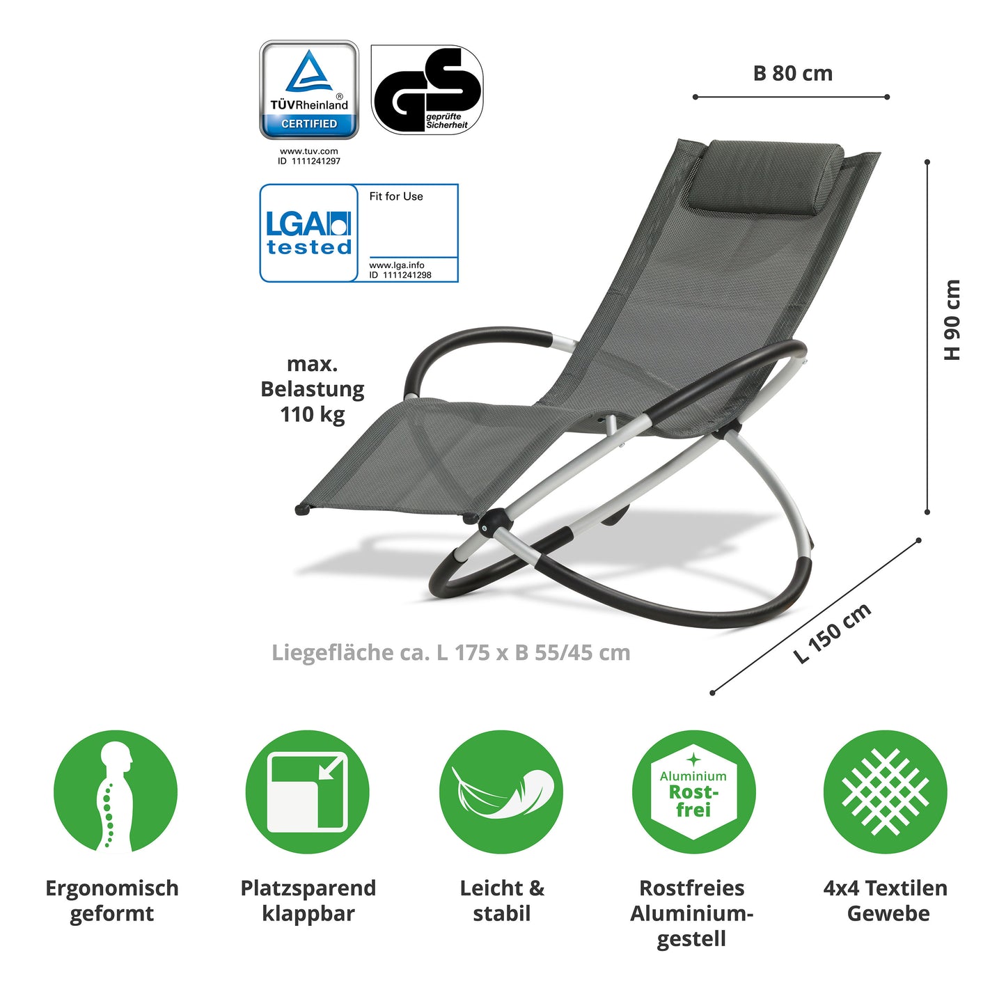 Leco Schaukelstuhl grau Sonnenliege Gartenstuhl Gartenliege Garten Stuhl Liege