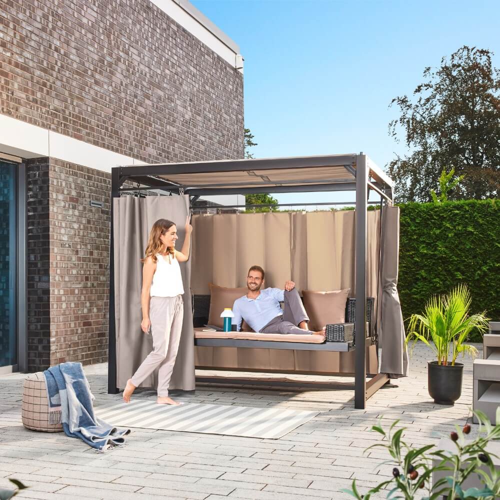 Pavillon Gartenliege Sonnenliege Relaxliege Lounge Sonnenbett Doppelliege grau