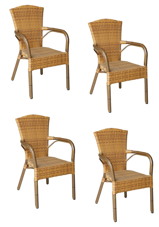 4x Konway COLOMBO Stapelsessel Tabaco Premium Polyrattan Garten Sessel Stuhl Set