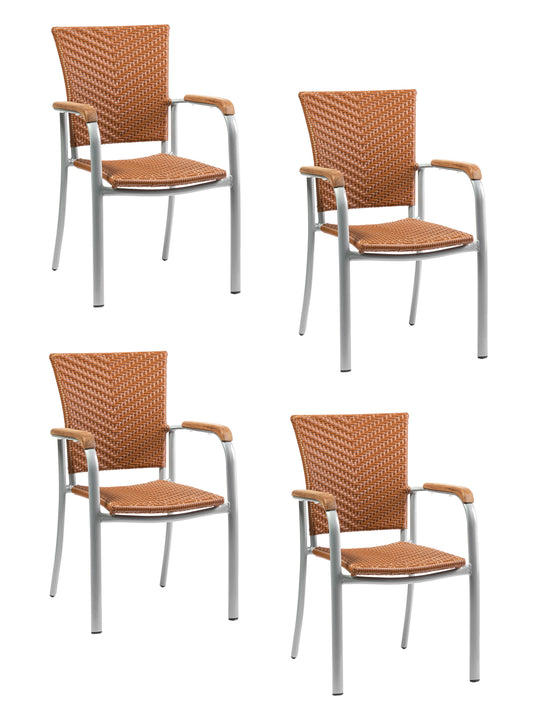 4x KONWAY® ARUBA Stapelsessel Braun Premium Polyrattan Garten Sessel Stuhl Set