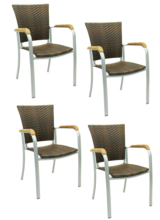 4x KONWAY® ARUBA Stapelsessel Lederlook Polyrattan Garten Sessel Stuhl Set braun
