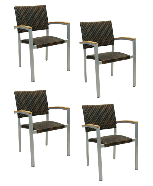 4x Konway BORNEO Stapelsessel Lederlook Polyrattan Garten Sessel Stuhl Set braun