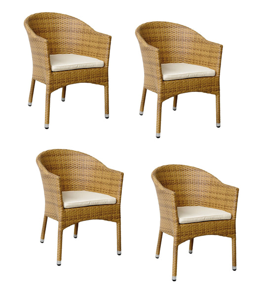 4x Konway LUGANO Stapelsessel Tabaco + Kissen Polyrattan Garten Sessel Stuhl Set