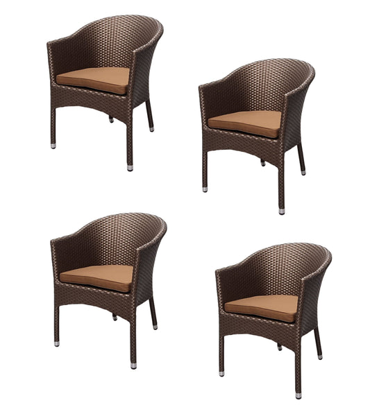 4x KONWAY® LUGANO Stapelsessel Mokka + Kissen Polyrattan Garten Sessel Stuhl Set
