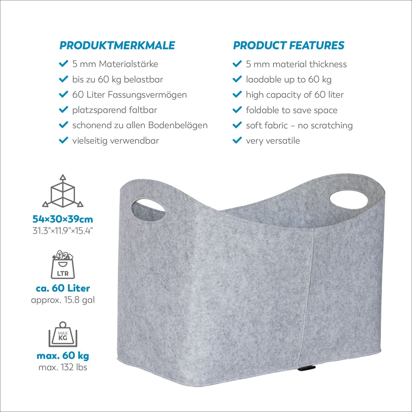 RUBBERNECK premium Filz Kaminholztasche XL hellgrau Tasche Holz Kaminholz
