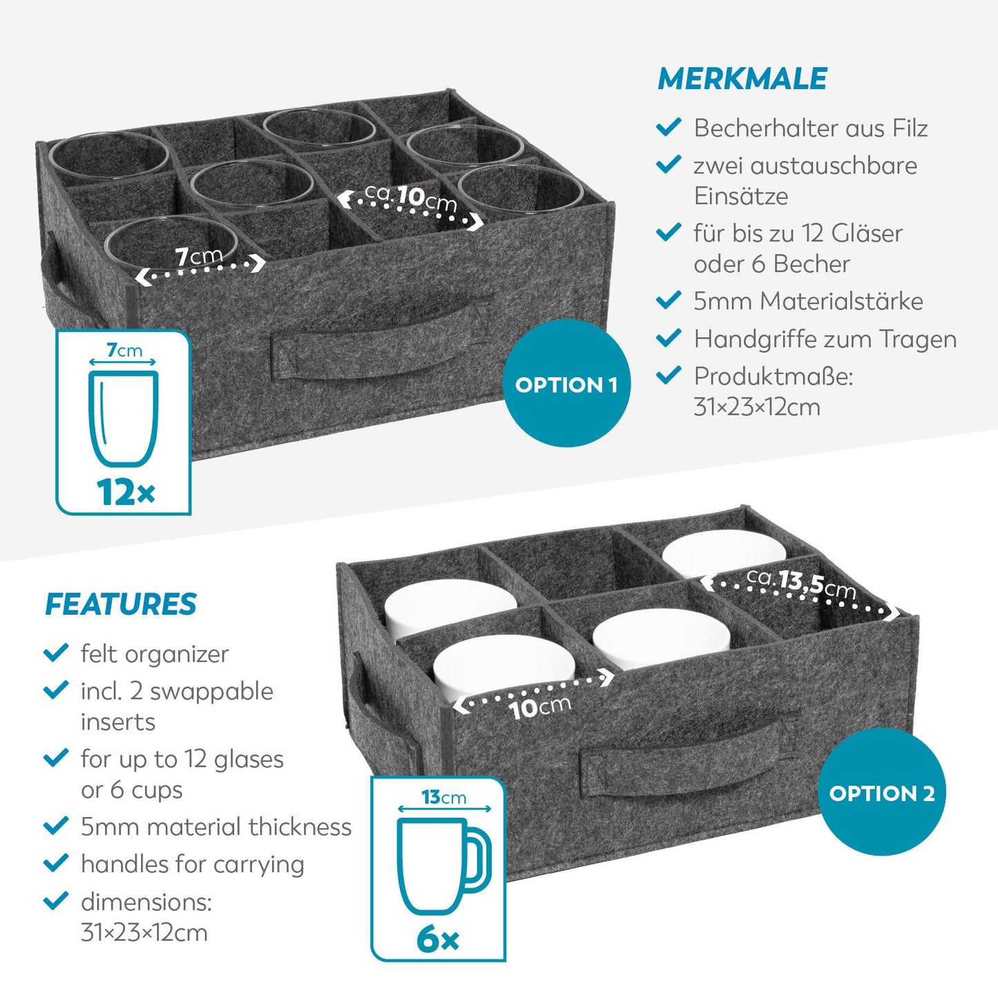 Filz Tassenhalter 6-12 Becher Gläser Tassen Aufbewahrung Becherhalter Camping