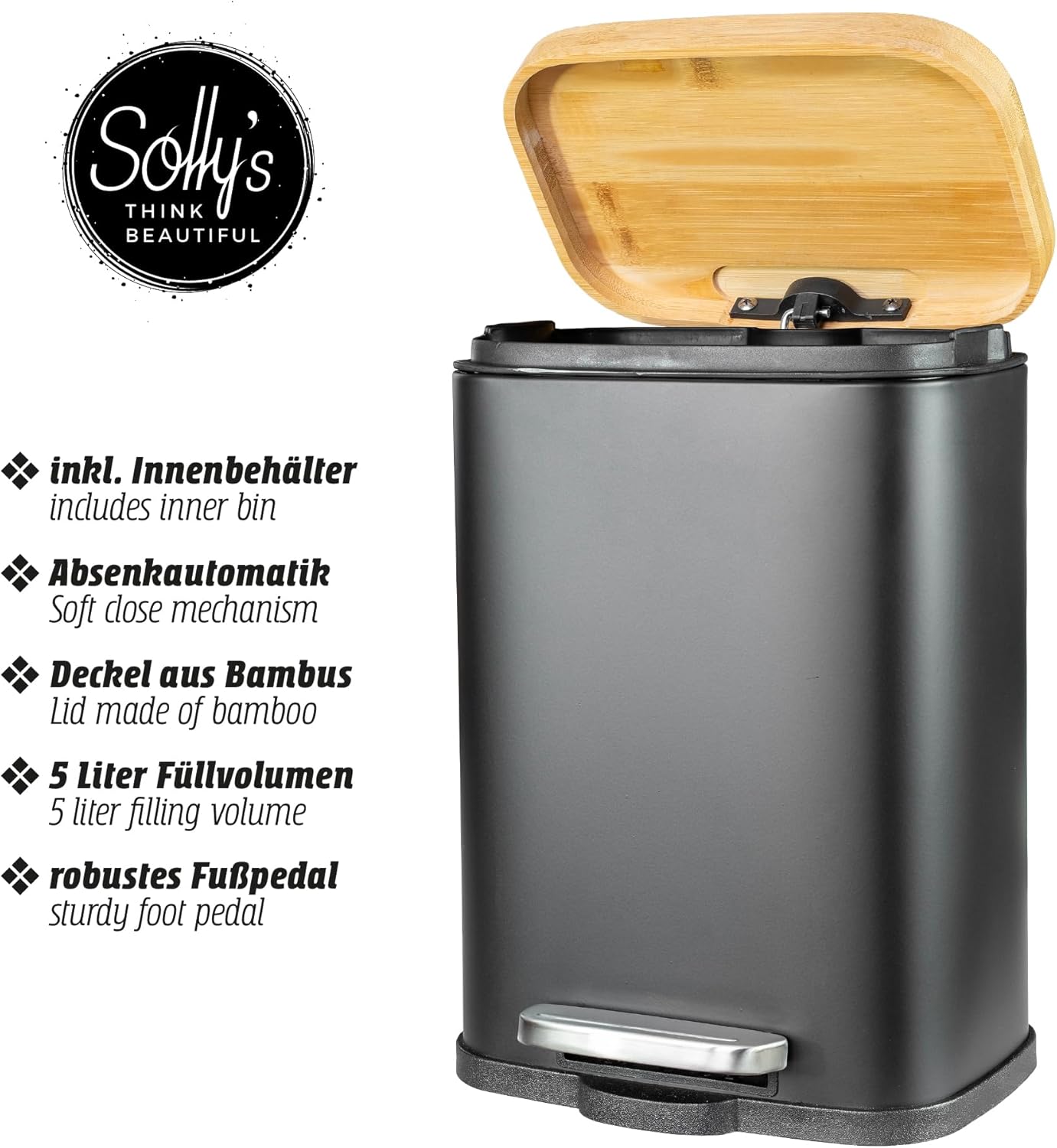 Solly's Kosmetikeimer 5 L mit Bambusdeckel Mülleimer Bad Eimer Kosmetik