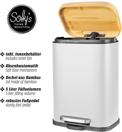 5L Kosmetikeimer Bambus Deckel Bad Treteimer mit Absenkautomatik Mülleimer