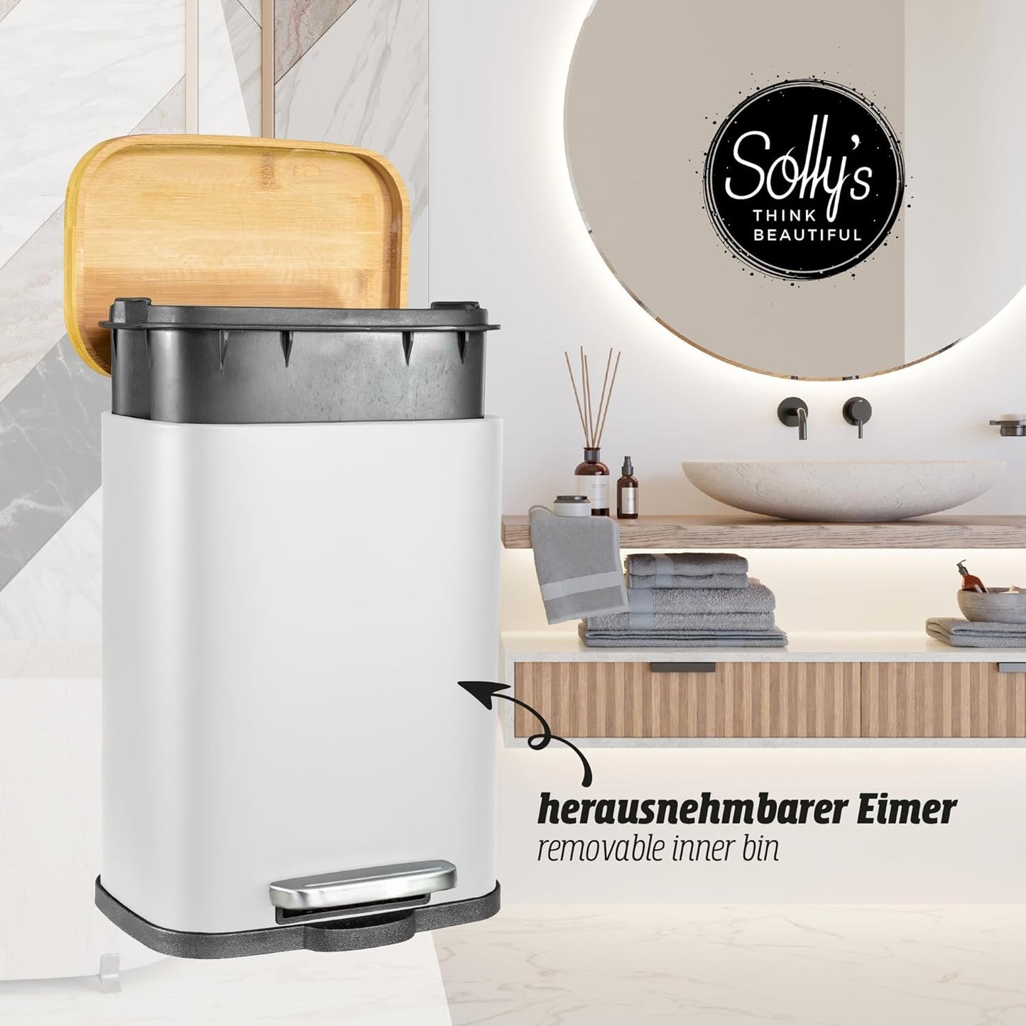 5L Kosmetikeimer Bambus Deckel Bad Treteimer mit Absenkautomatik Mülleimer