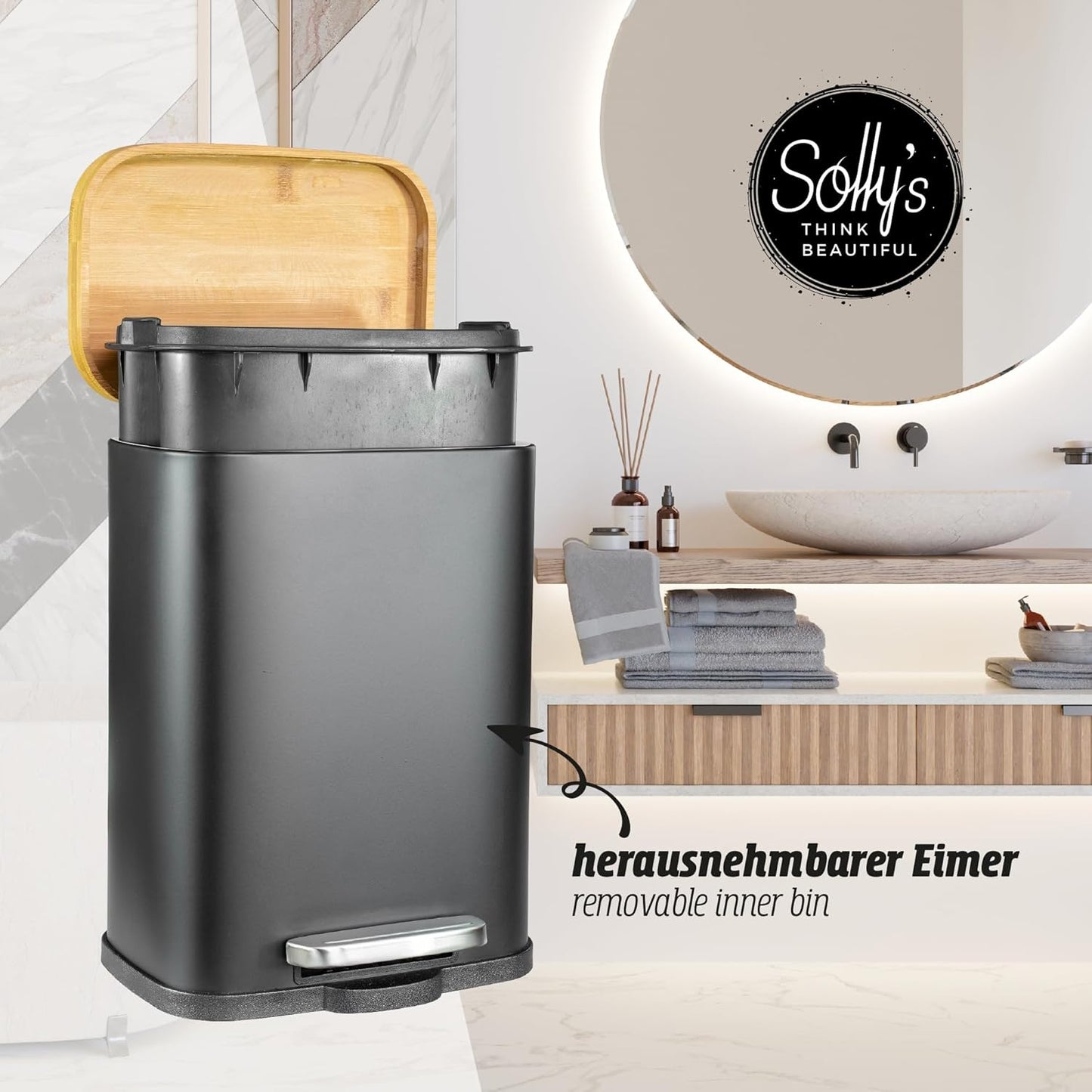 Solly's Kosmetikeimer 5 L mit Bambusdeckel Mülleimer Bad Eimer Kosmetik