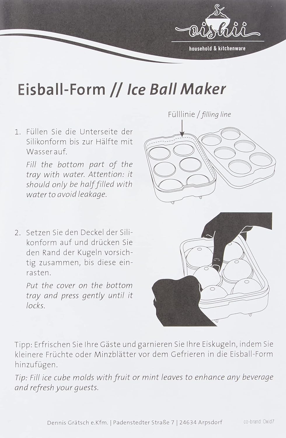 Oishii Silikon XXL Eiswürfel-Form 2er Set 4,5cm Eiswürfel Form Kugel rund