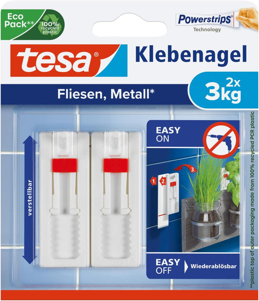 Tesa Klebenagel Powerstrips 2 Stück Fliesen Metall Nagel ohne Bohren bis 3kg