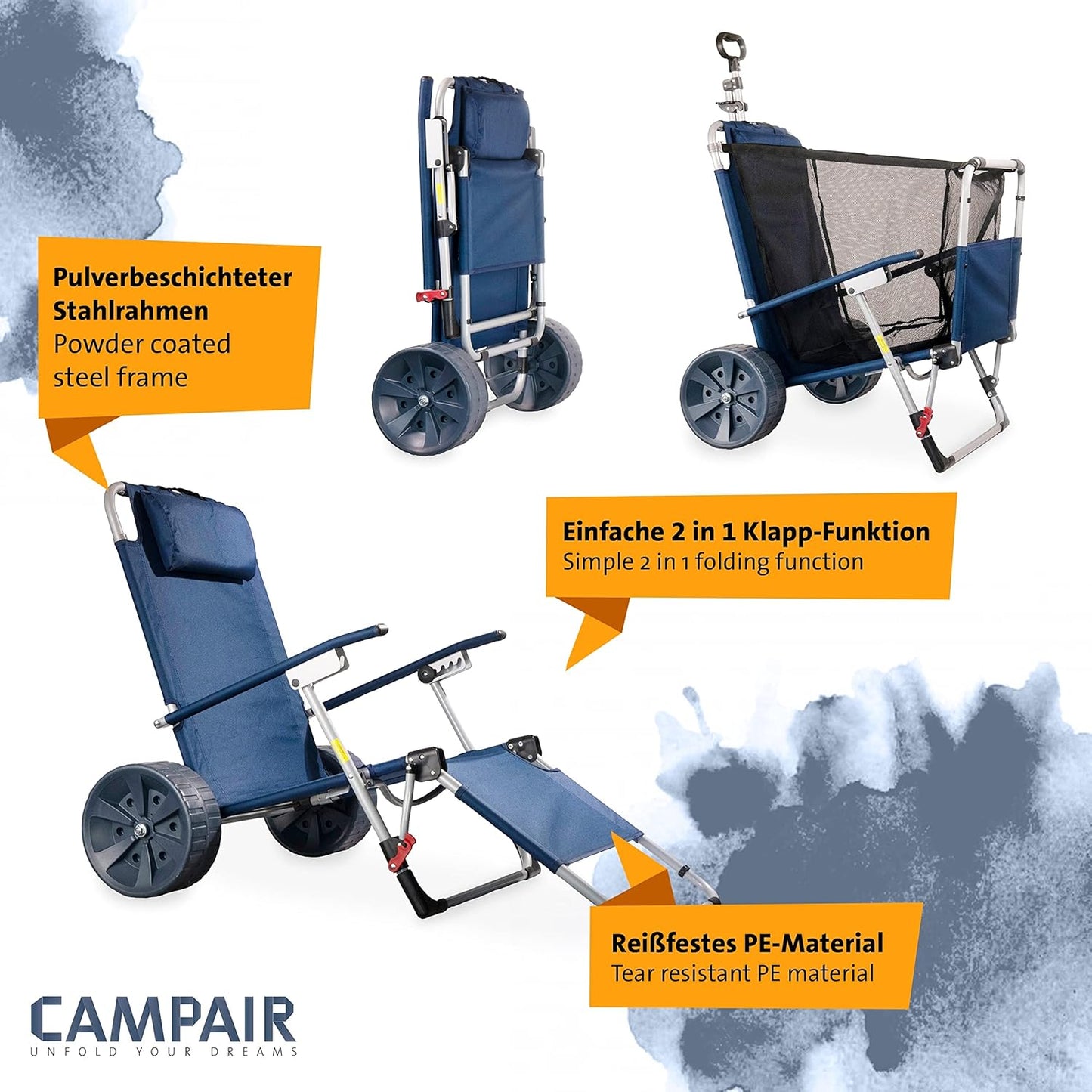 CAMPAIR 2in1 Handwagen Strandliege Bollerwagen Transport Wagen Stuhl Strand