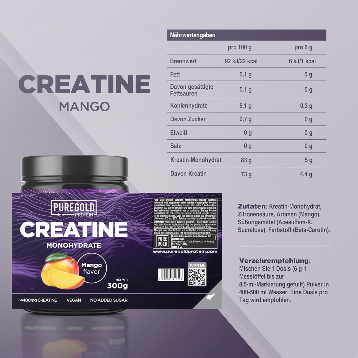 Pure Gold Kreatin Pulver Monohydrat Mango Creatine Muskelaufbau Powder vegan