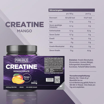 Pure Gold Kreatin Pulver Monohydrat Mango Creatine Muskelaufbau Powder vegan