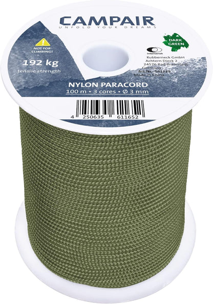 CAMPAIR Paracord Seil 100m reißfest dunkelgrün Fallschirmschnur Camping Leine