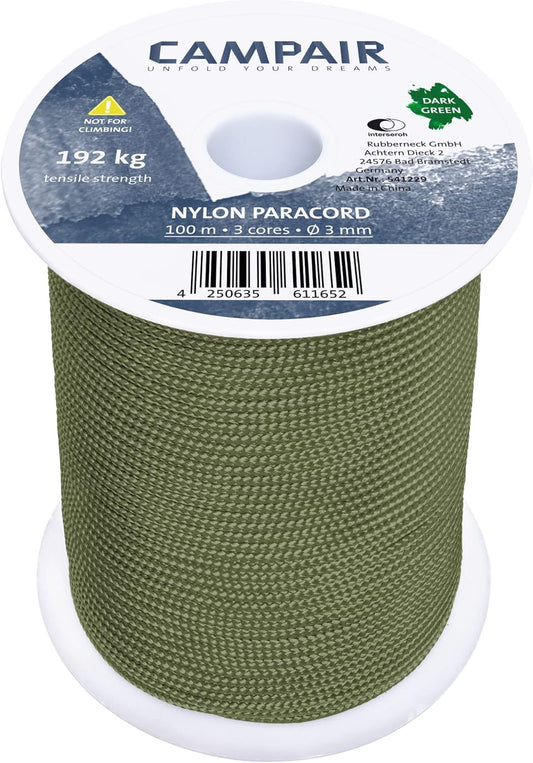 CAMPAIR Paracord Seil 100m reißfest dunkelgrün Fallschirmschnur Camping Leine