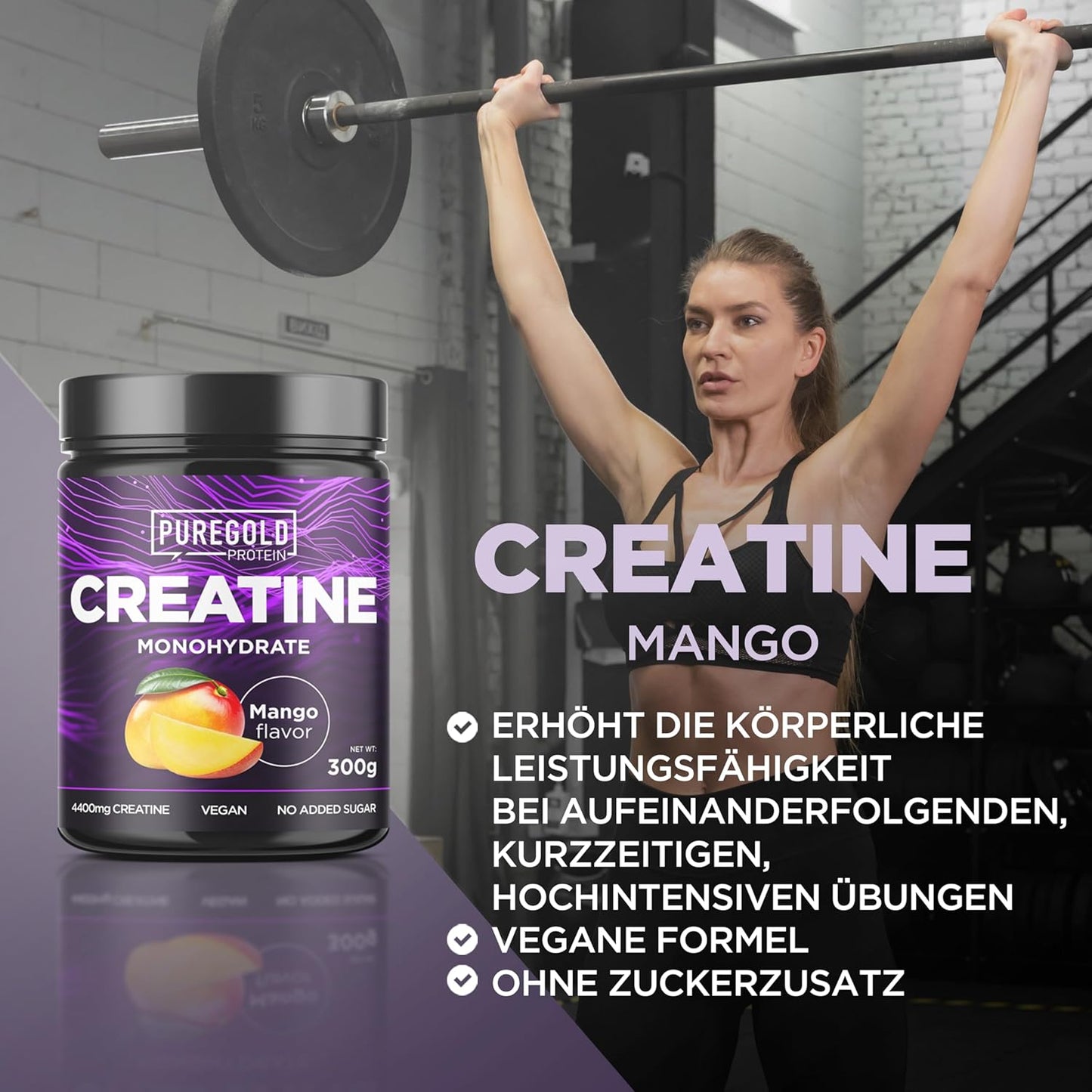 Pure Gold Kreatin Pulver Monohydrat Mango Creatine Muskelaufbau Powder vegan