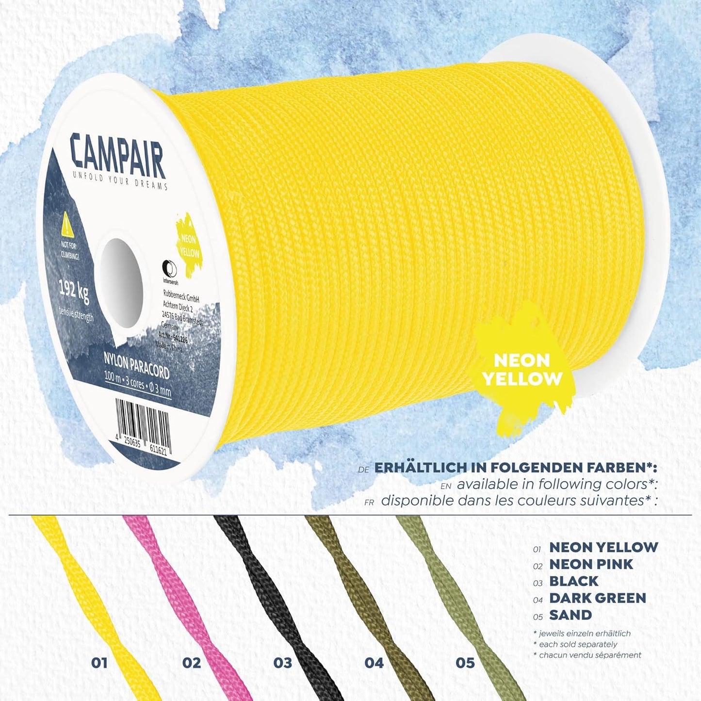 CAMPAIR Paracord Seil 100m reißfest neongelb Fallschirmschnur Camping Leine