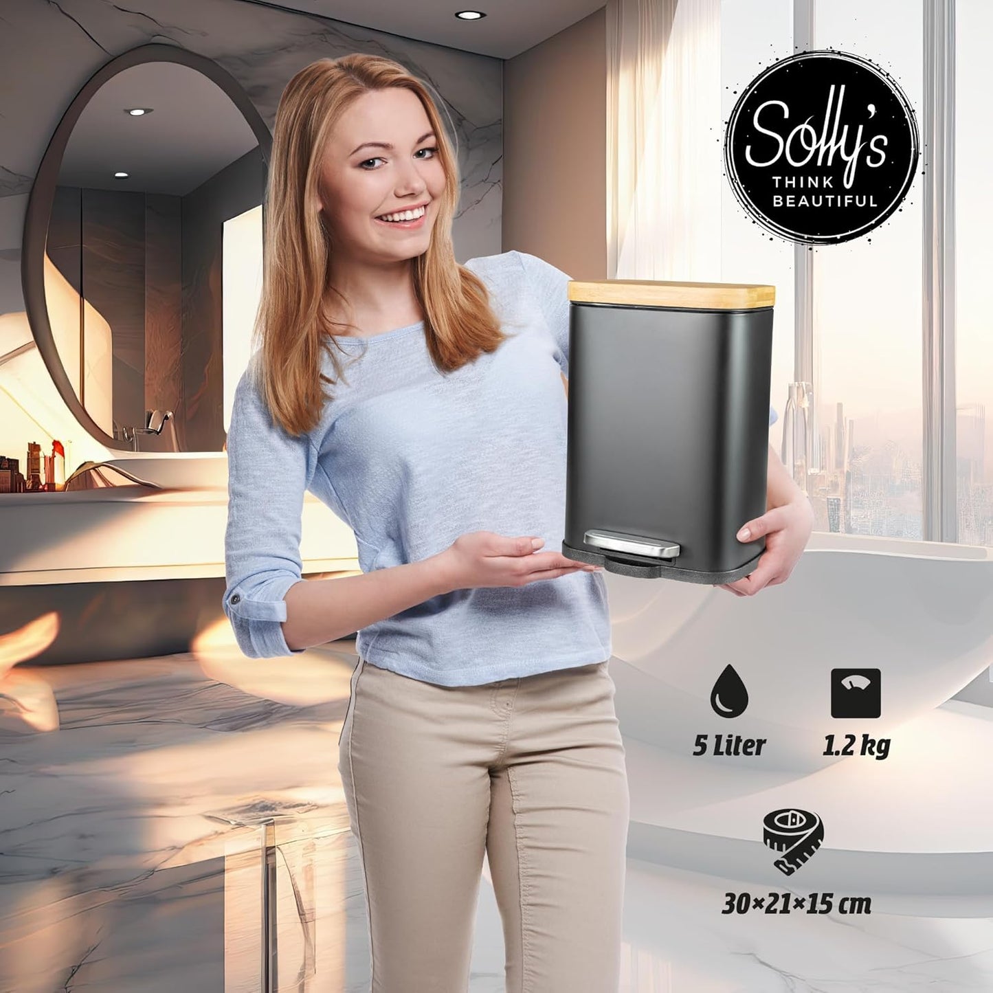 Solly's Kosmetikeimer 5 L mit Bambusdeckel Mülleimer Bad Eimer Kosmetik