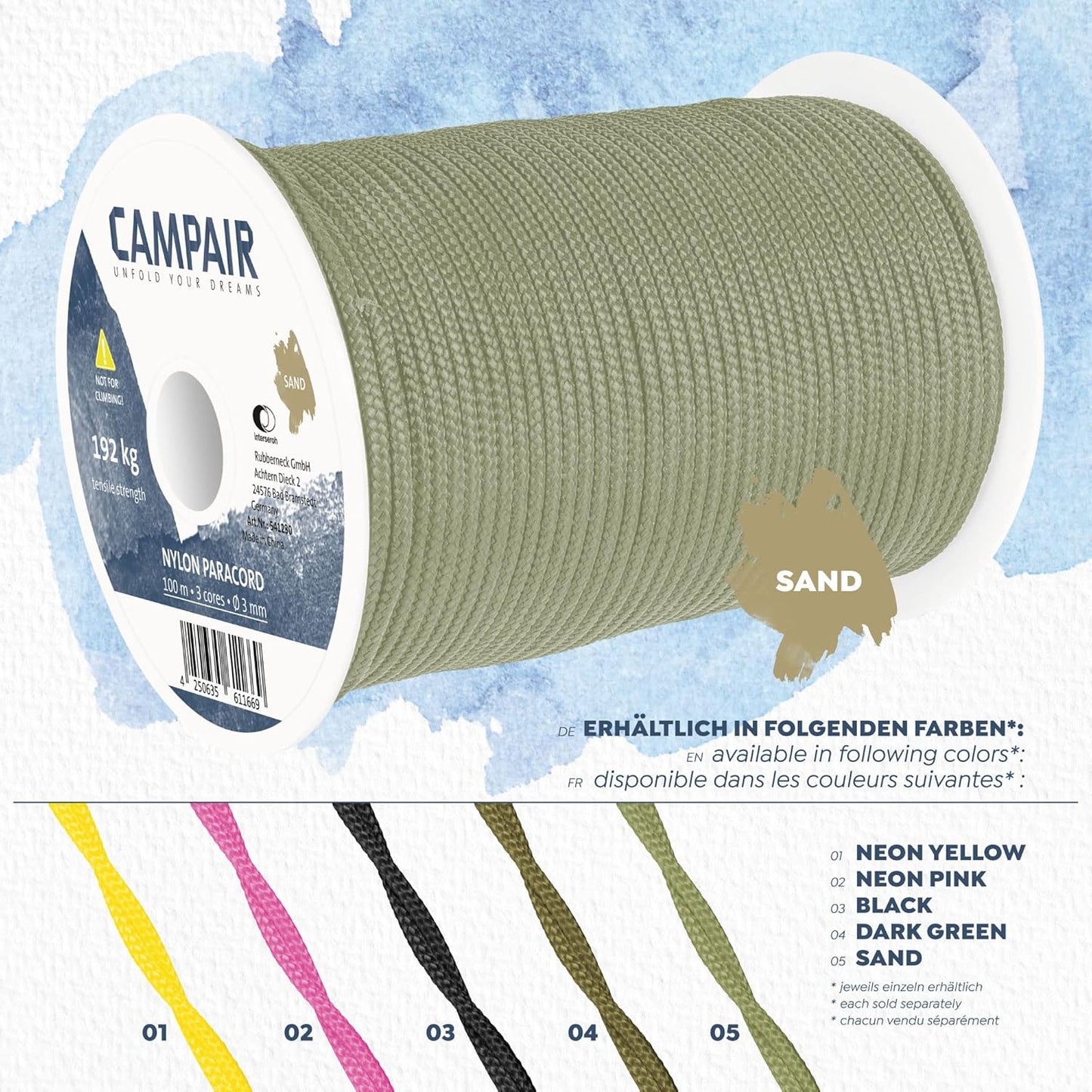 CAMPAIR Paracord Seil 100m reißfest sand Nylon Fallschirmschnur Camping Leine
