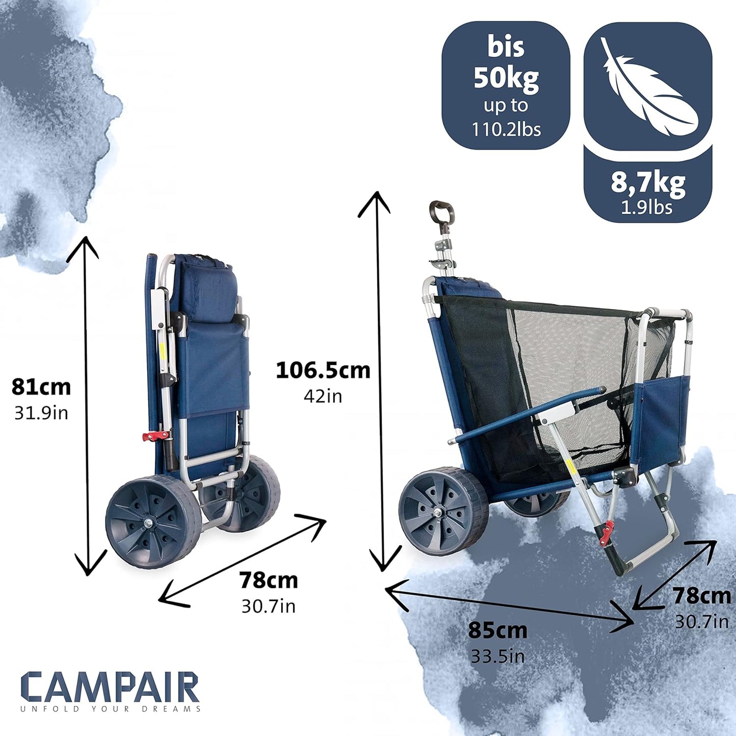 CAMPAIR 2in1 Handwagen Strandliege Bollerwagen Transport Wagen Stuhl Strand