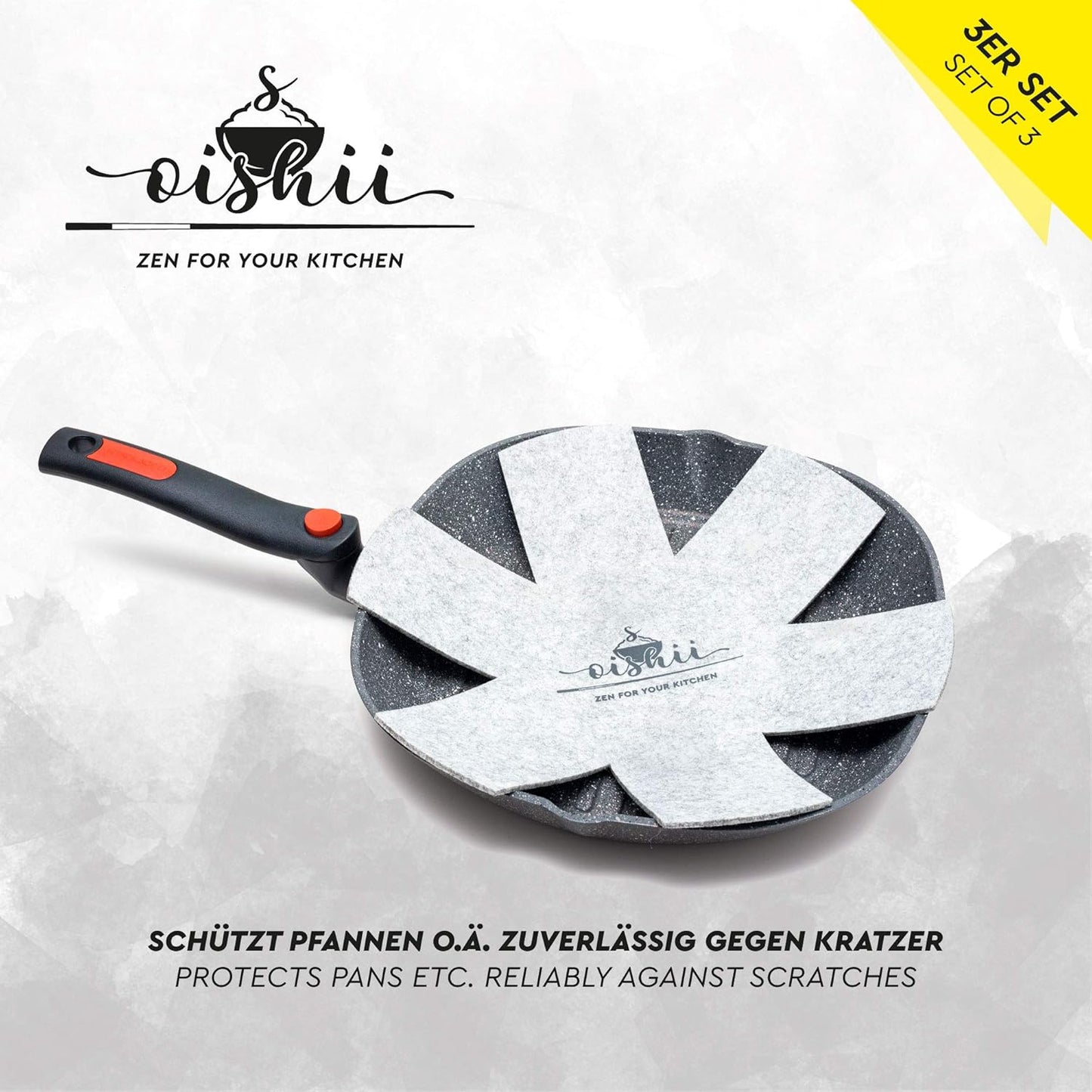 oishii GuardMaster 32 3er Set Pfannenschutz rutschfest hitzebeständig hellgrau