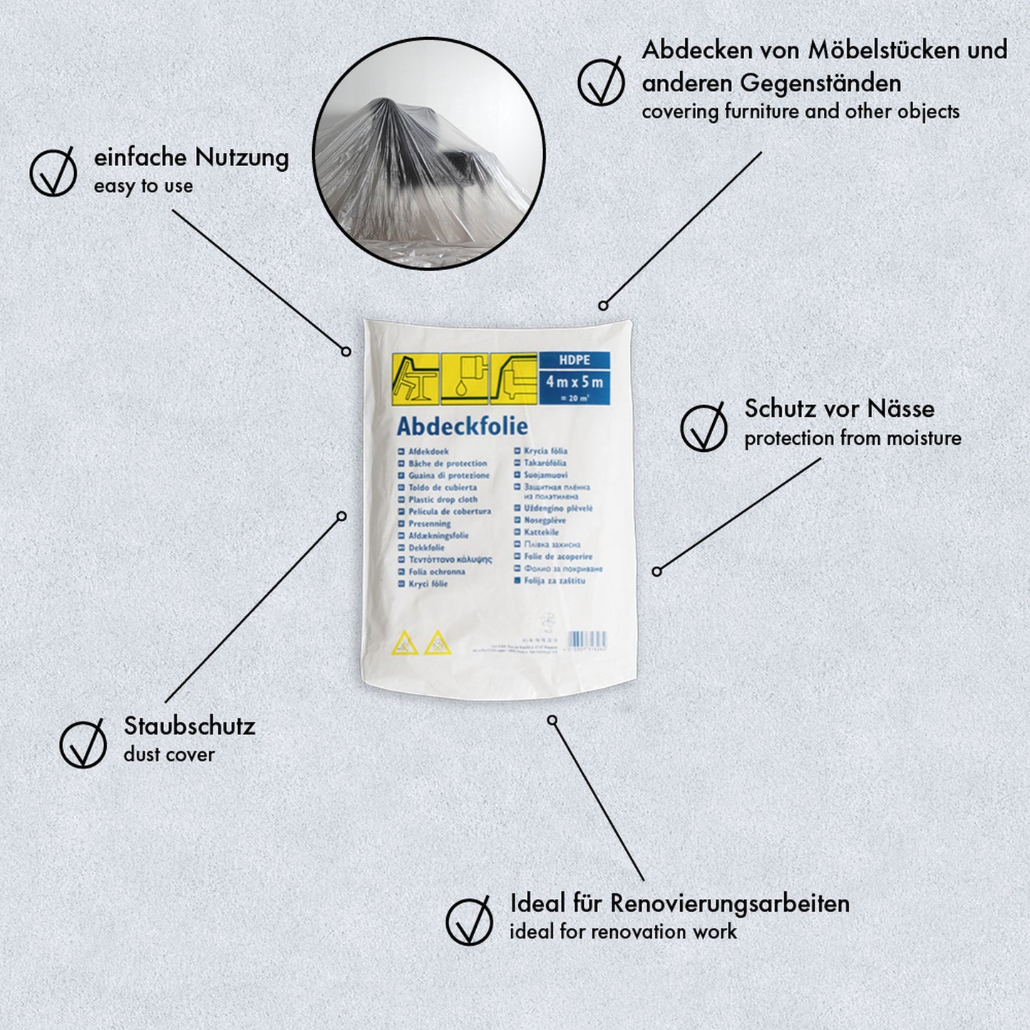 Abdeckplane HDPE Standard 4 x 5 m Abdeckfolie Schutzfolie Schutzplane Malerfolie